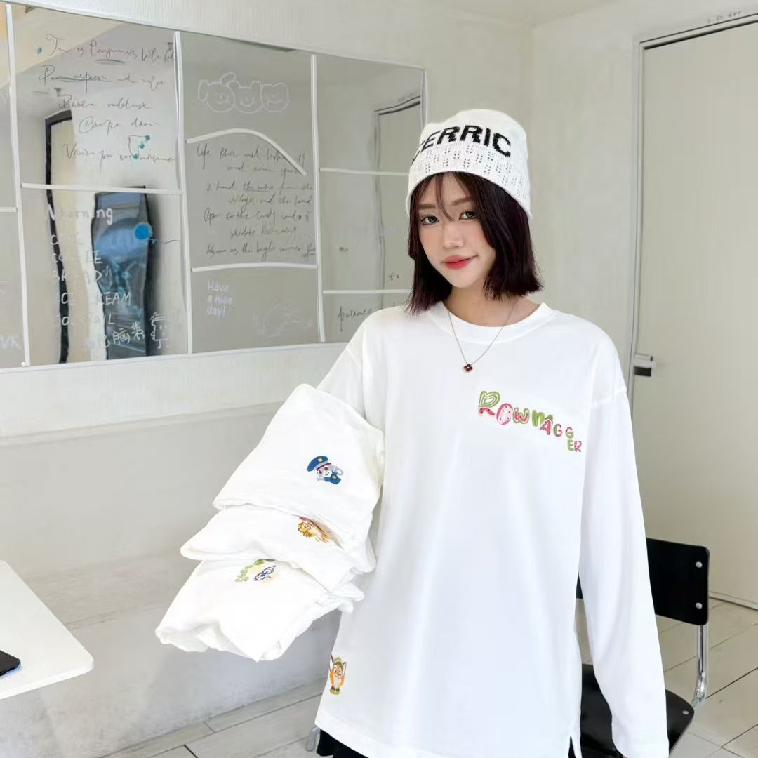 纸袋家秋季新款「happyday开衩刺绣长袖」3021纯棉双纱基础款T恤衫