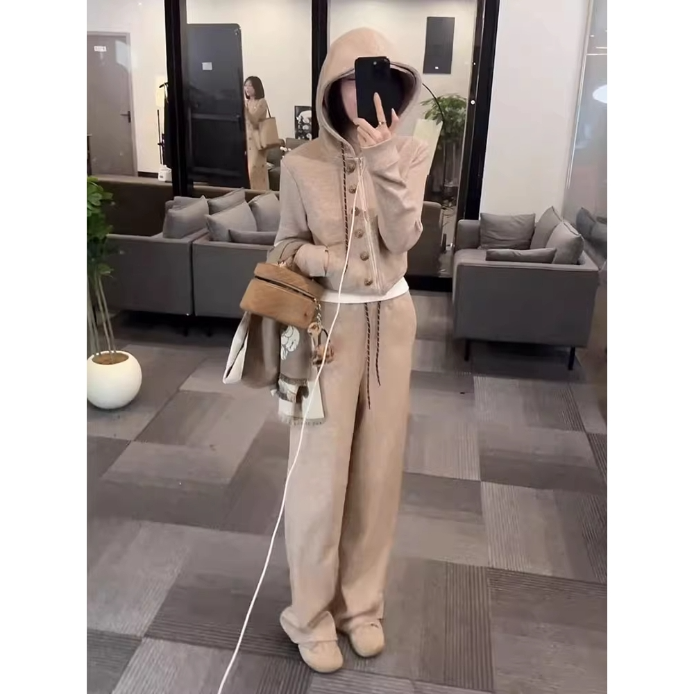 秋冬气质显瘦设计感时尚运动风连帽卫衣外套+休闲阔腿长裤套装女