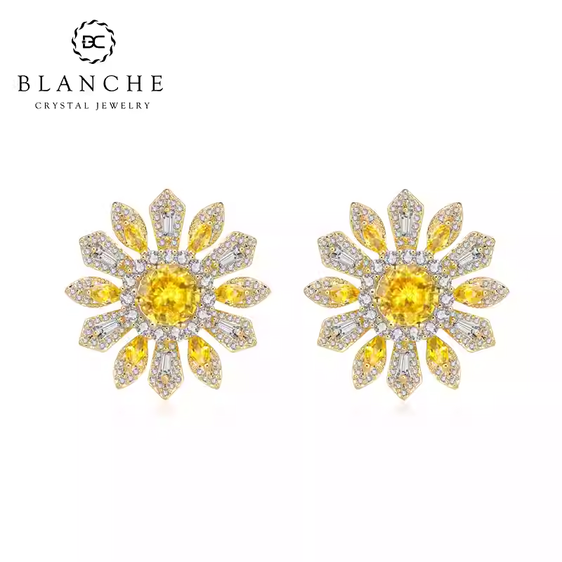 铜合金仿水晶耳饰 太阳花黄钻超闪耳钉高级感耳环大气女2951