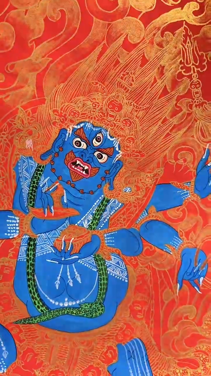 吊坠红唐六臂大黑天-热贡纯手绘唐卡