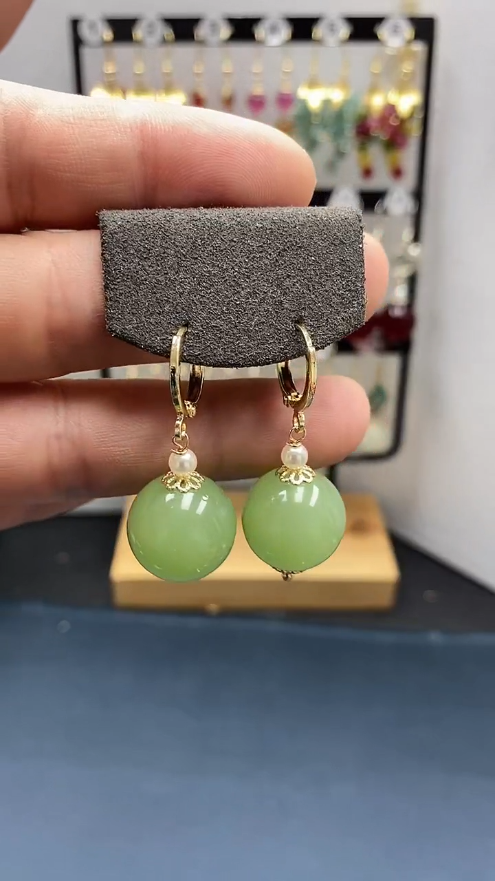 【闪购商品】和田玉耳饰银S925镀金镶嵌尺寸16mm耳扣33