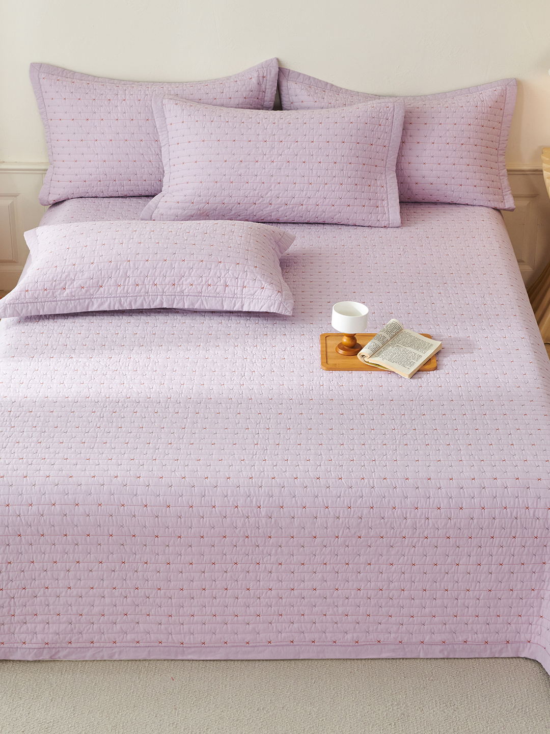 60S小米粒双面全棉纱布巴黎纱刺绣床盖三件套榻榻米专用双层纱