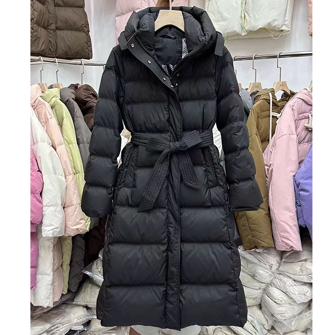 2025年新款韩版收腰加厚鸭绒保暖羽绒服女长款收腰显瘦连帽过膝