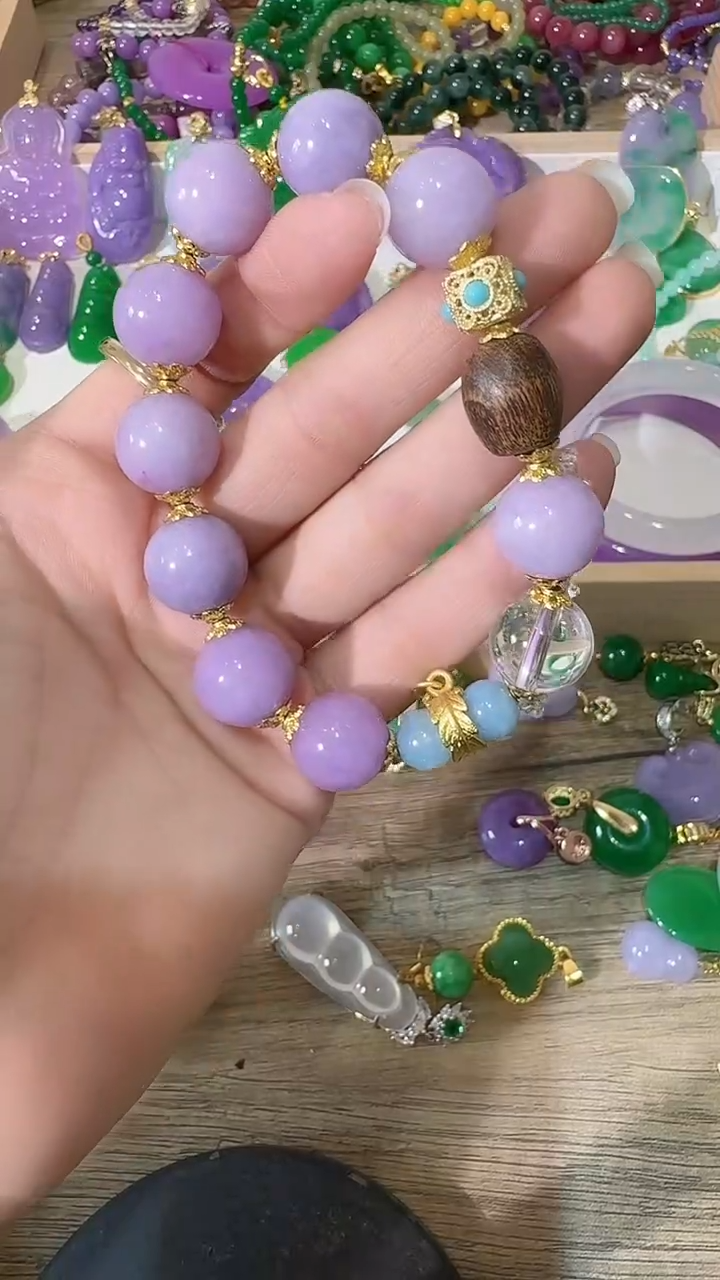 颈饰未镶嵌石英质玉14mm紫串看图