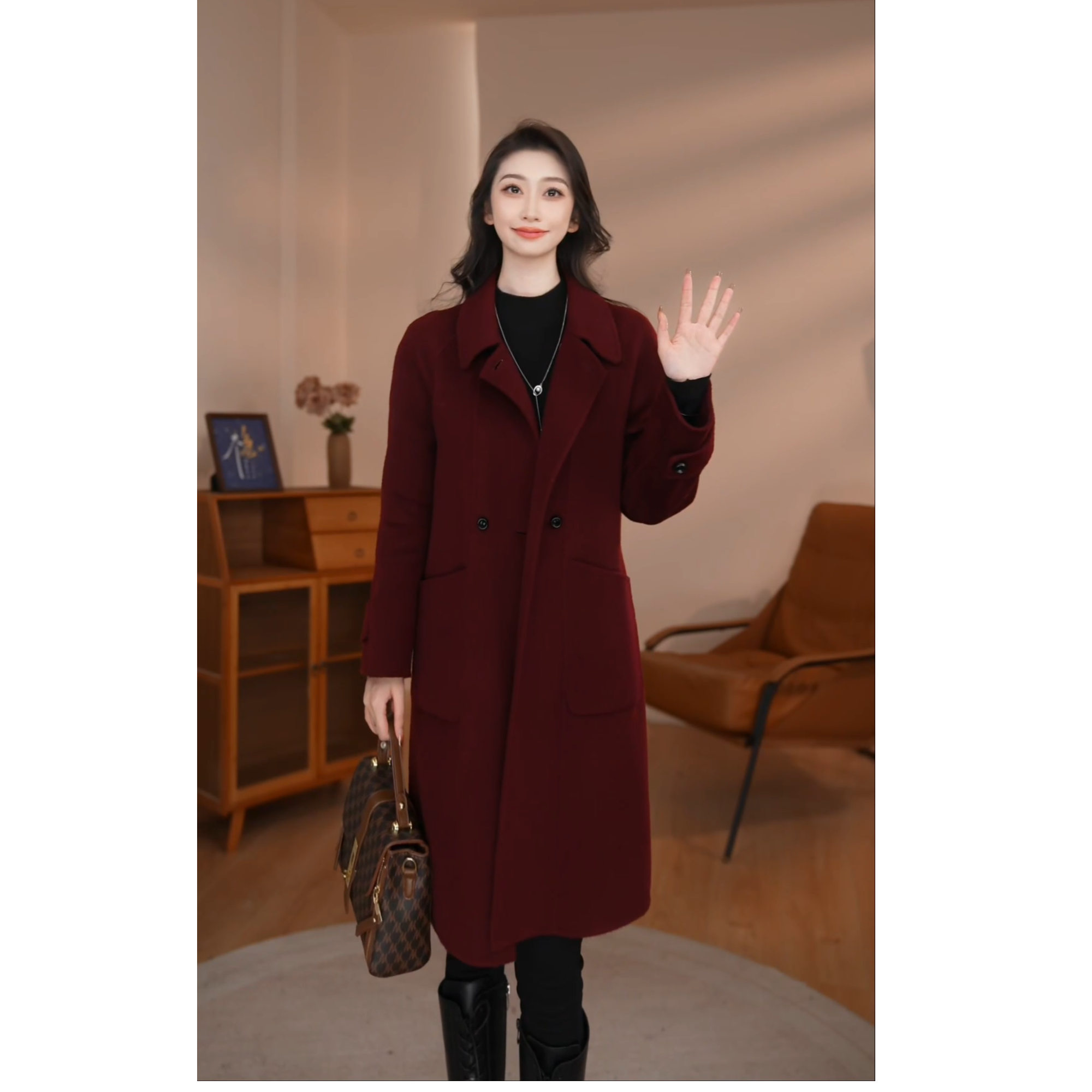 【曼贝】欧若风高端定制100%绵羊毛大衣女双面呢外套8484039【甜甜】