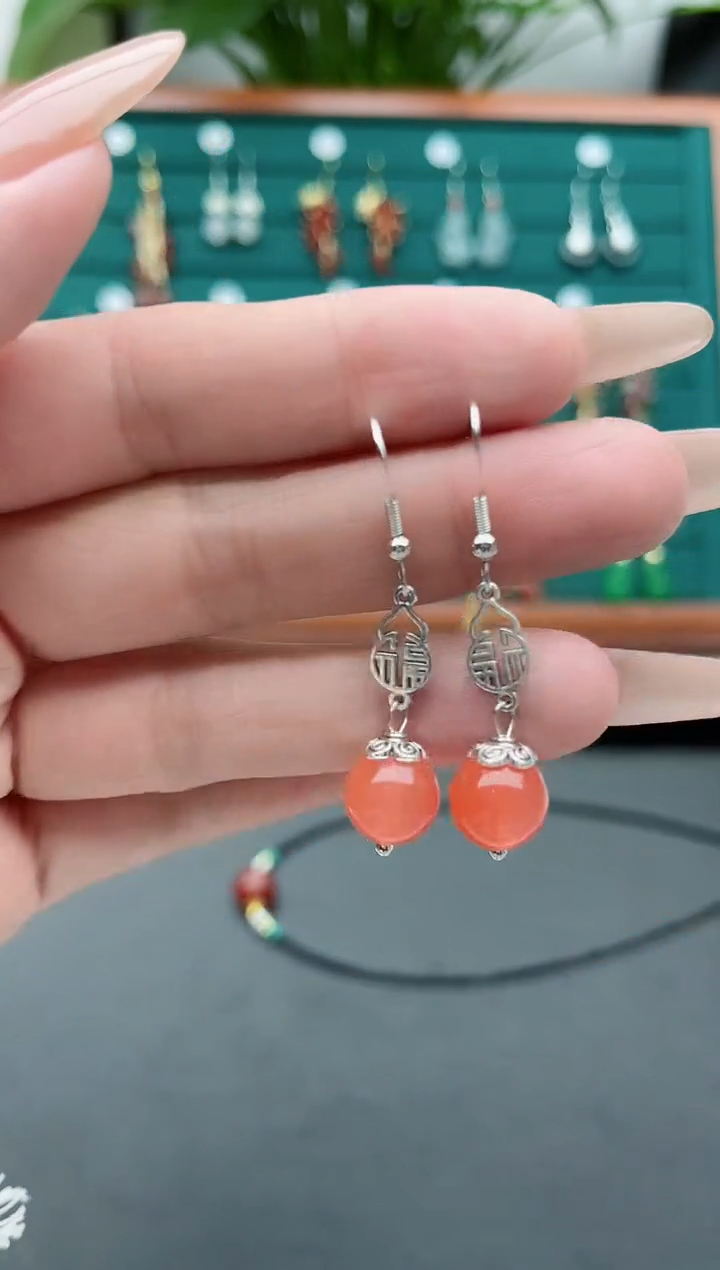 【闪购商品】玛瑙/玉髓耳饰银S925镶嵌30橙色