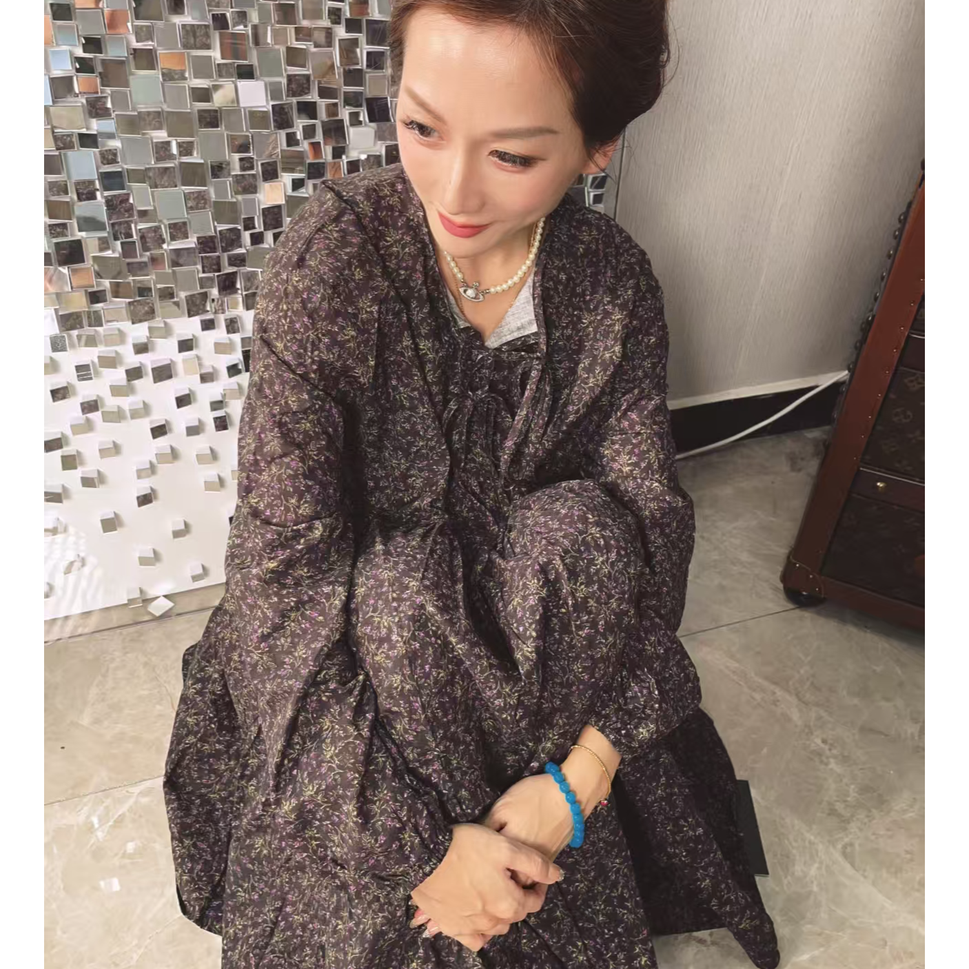 ML韩标！ins风时尚通勤复古碎花系带百搭连衣裙