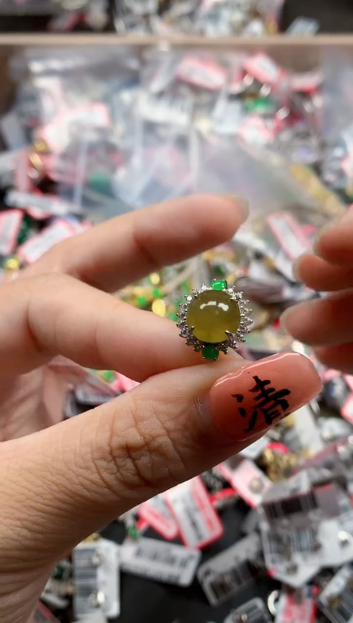 银S925镶嵌戒指翡翠天然A货缅甸翡翠