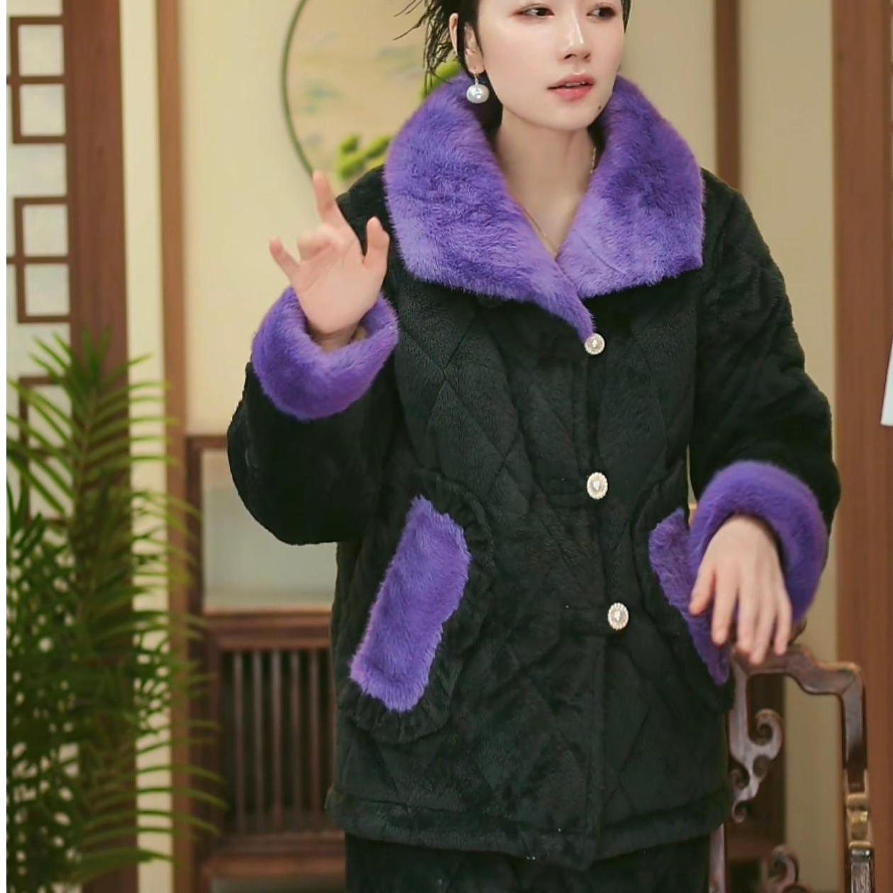 翻领保暖冬季成人睡衣家居服套装夹棉加厚冬款