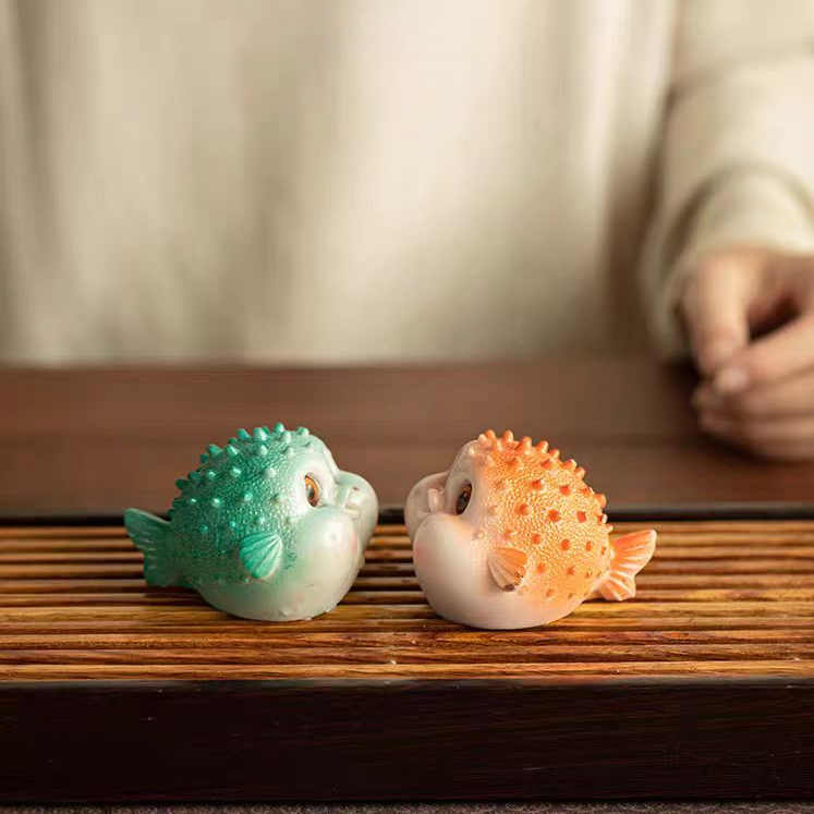 创意变色河豚茶宠一对2143可爱适合把玩茶道摆件个性茶玩