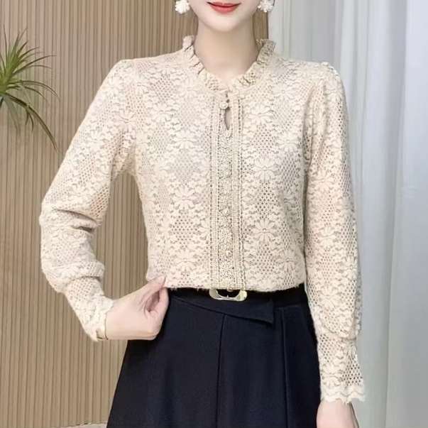 秋冬新款2024年百搭时尚显瘦气质衬衫女士长袖花边领衬衫