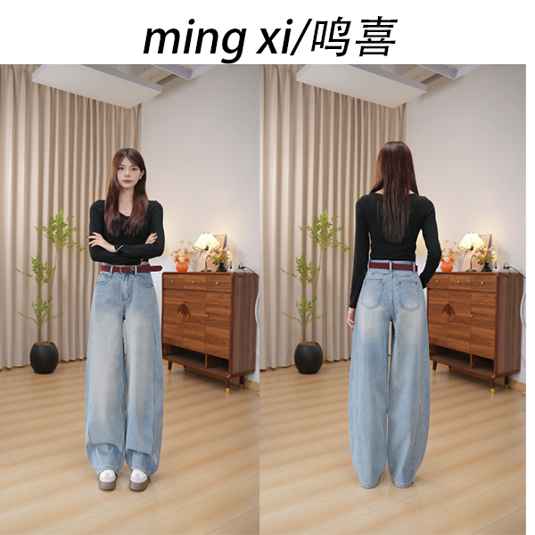 2025 鸣喜欧货高级水洗款设计师款浅蓝色小弯刀牛仔裤L71556#