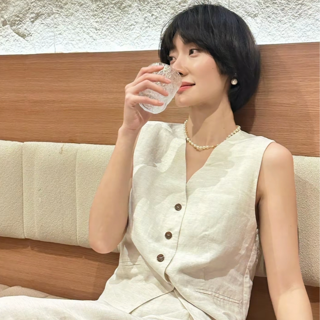 老钱风气质女亚麻套装松弛马甲+阔腿裤两件套轻熟风