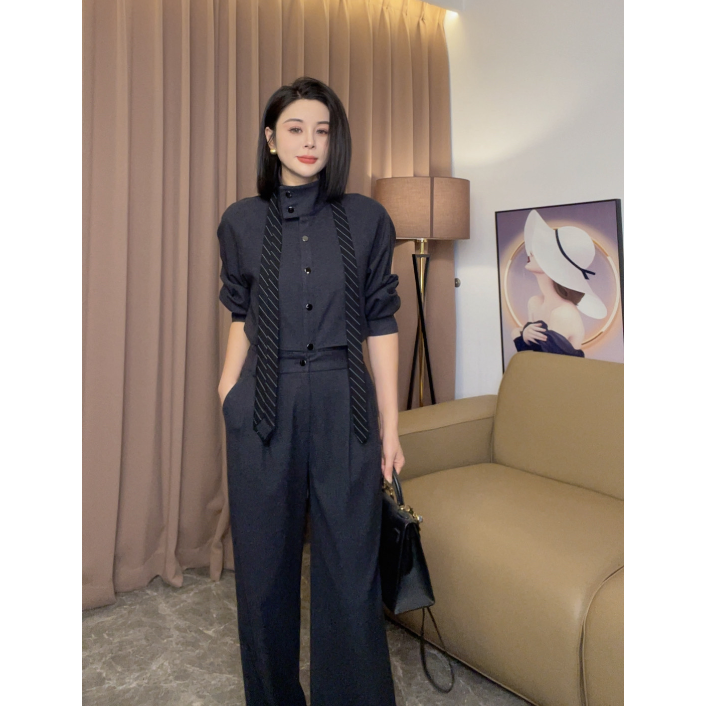 时尚显瘦套装复古港风气质长袖加厚衬衫上衣高腰直筒裤长裤四件套