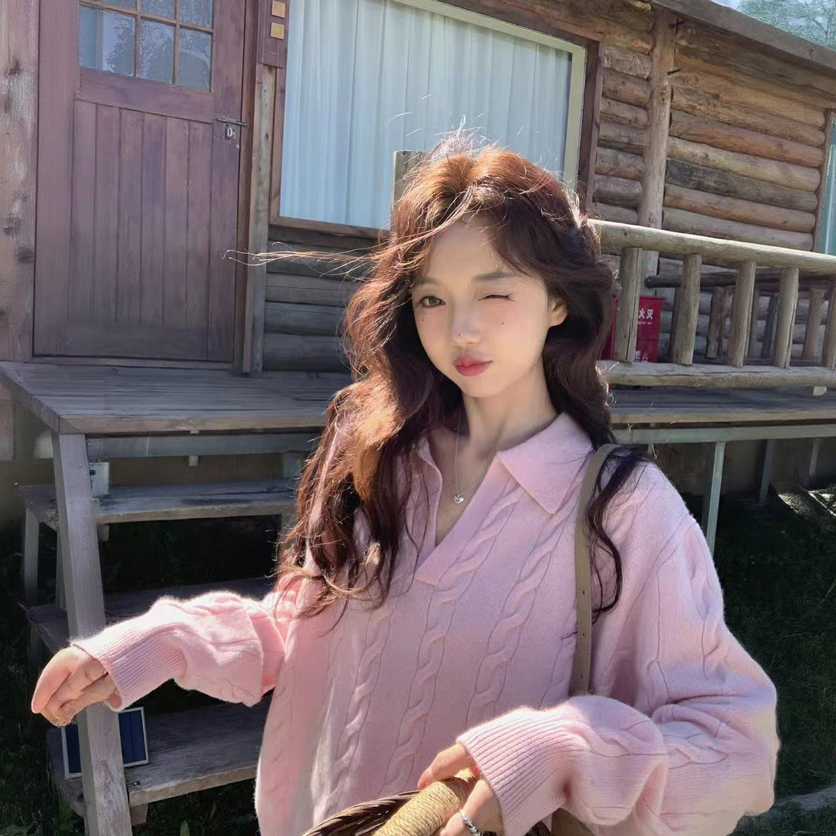 翻领麻花毛衣女秋冬新款外穿温柔百搭针织衫宽松减龄洋气上衣女