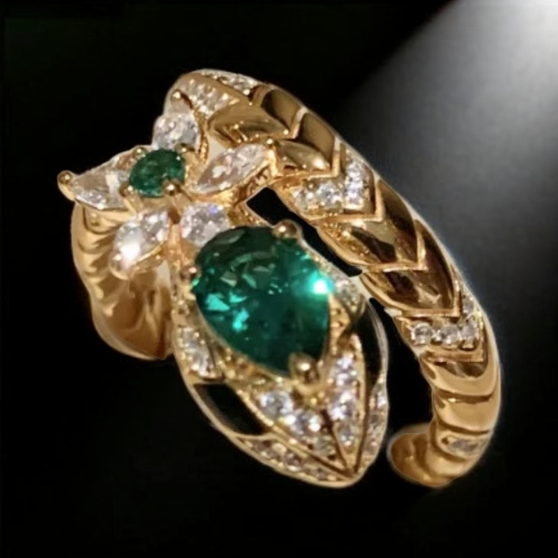 合金锆石戒指 气质轻奢绿色高级感缠绕蛇形戒指金色指环