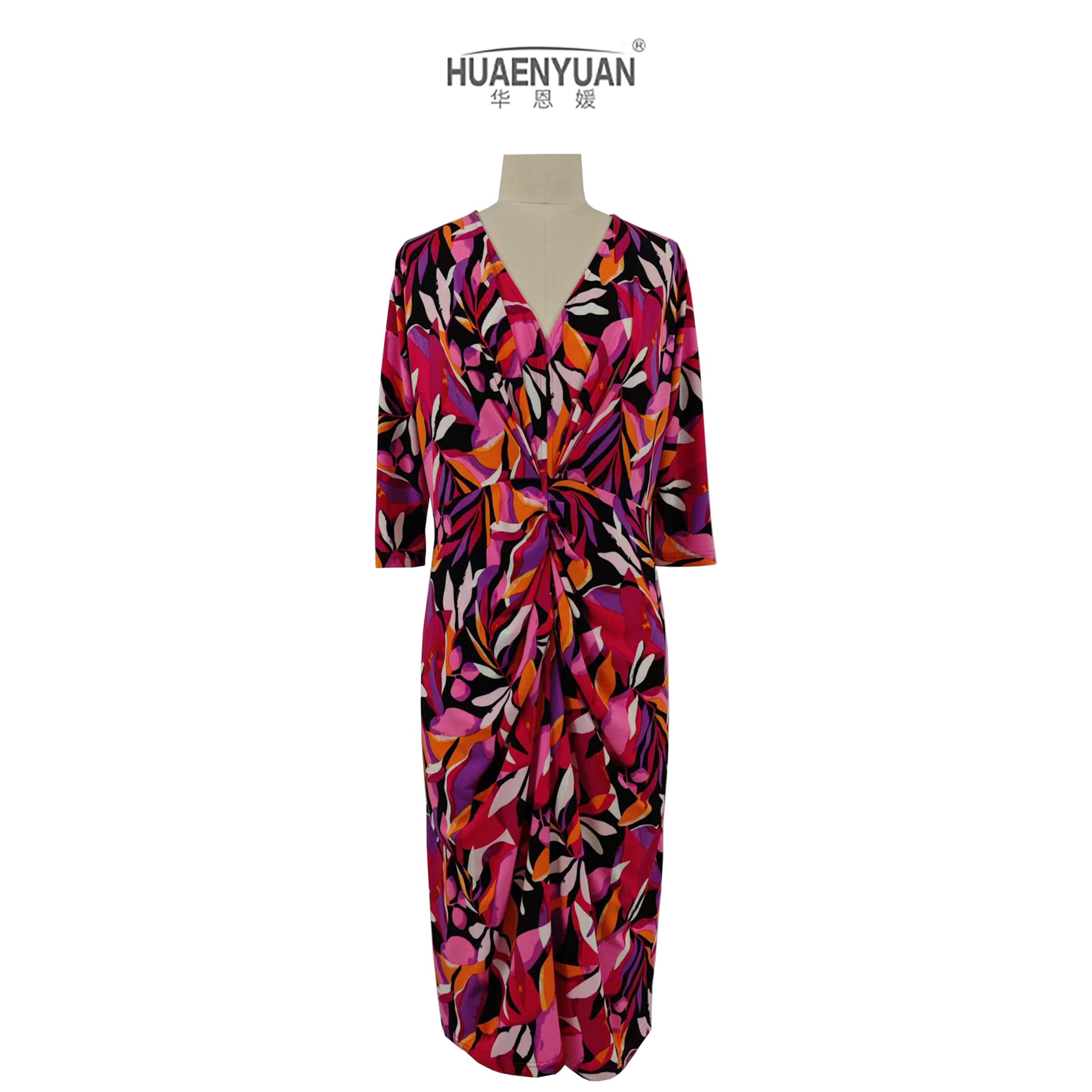 【HUAENYUAN】#016A轻奢气质遮肚子修身显身材玫红色印花针织连衣裙