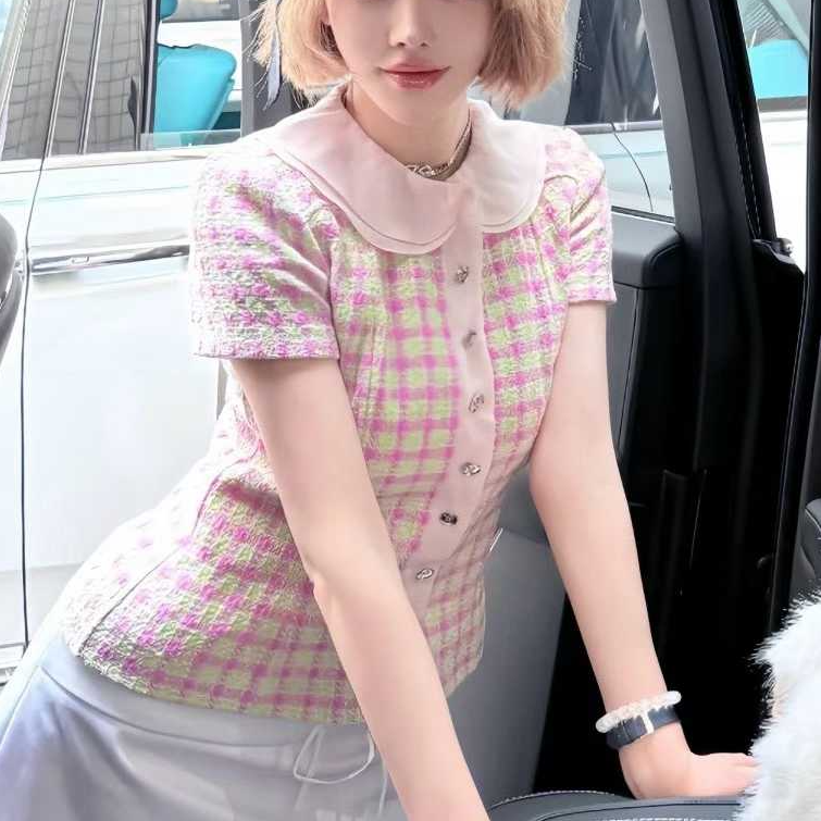 99新 Chanel/香奈儿 34码25S粉绿格纹娃娃领粗花呢短袖上衣