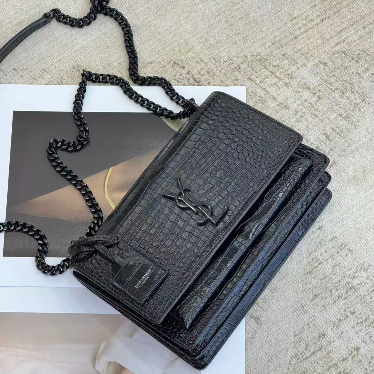 95新 YSL/圣罗兰 YSL/圣罗兰 黑色压纹sunset日落单肩包6032