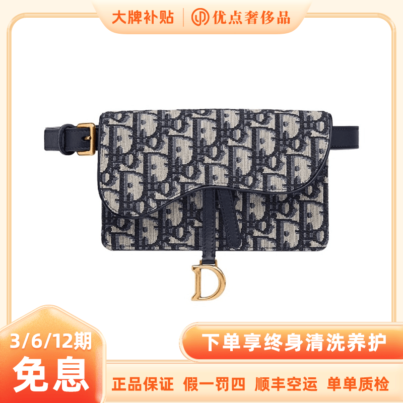 未使用 DIOR/迪奥 印花腰带蓝色经典刺绣单肩腰包马鞍包女士 