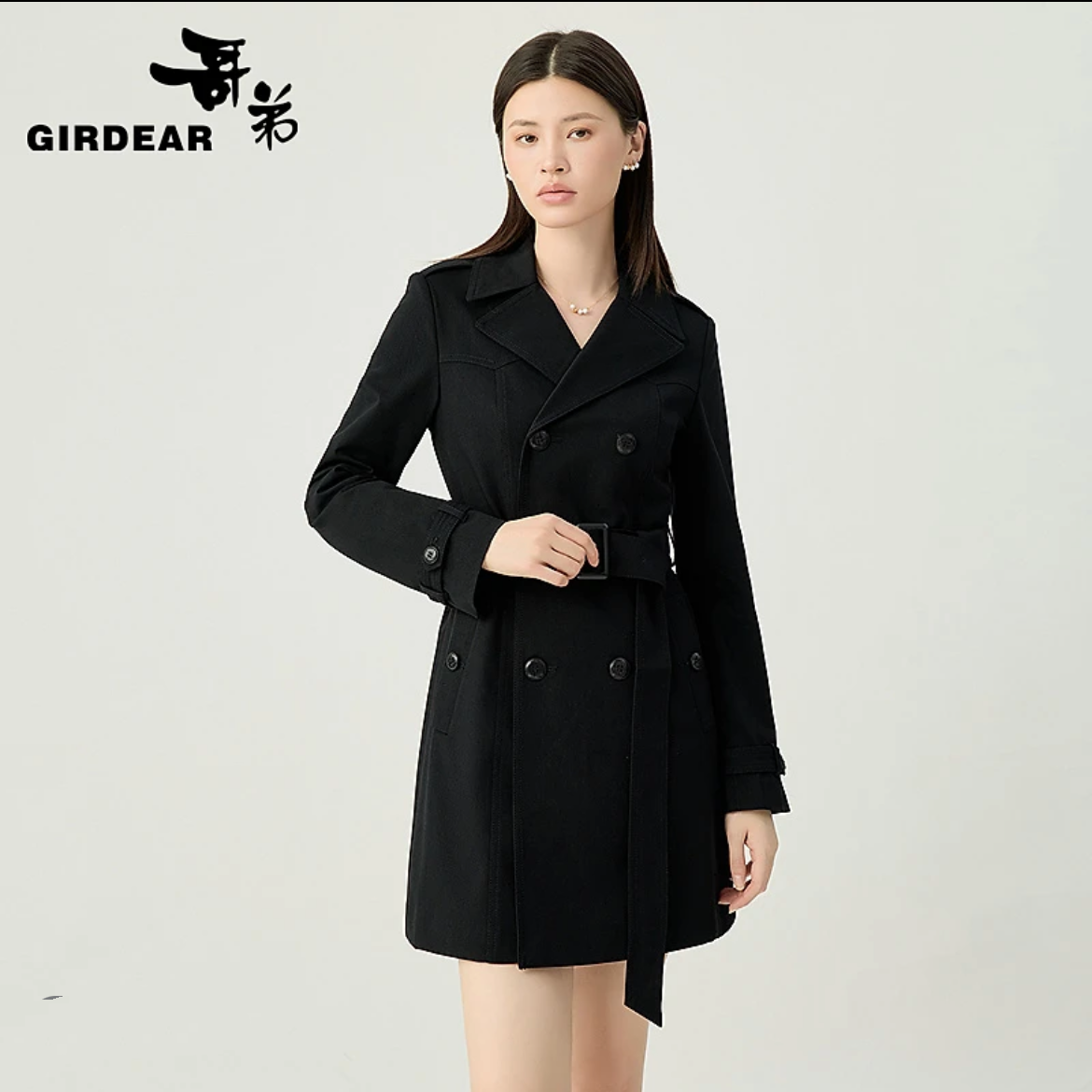 GIRDEAR/哥弟通勤女装春秋面弹英伦双排扣风衣外套140006中长款