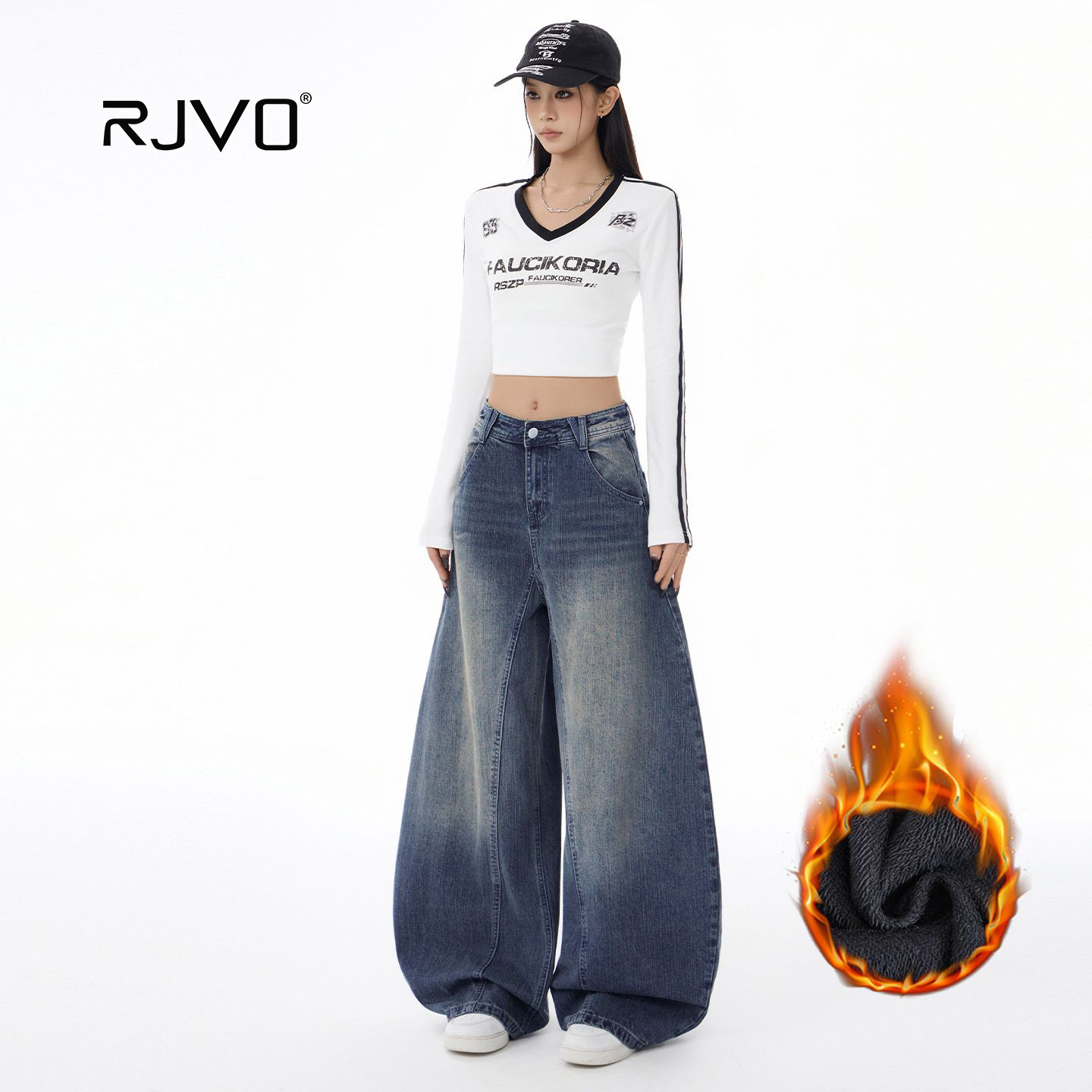 RJVO新款复古宽松弯刀牛仔裤女休闲阔腿垂感高腰裤