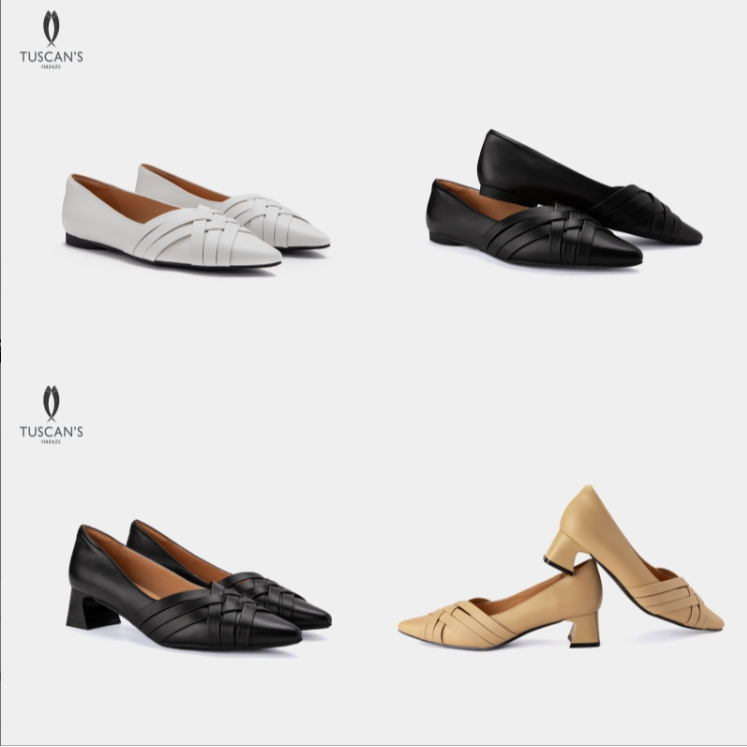 TUSCAN'S新款百搭尖头真皮编织气质设计款纯色女士平底高跟单鞋