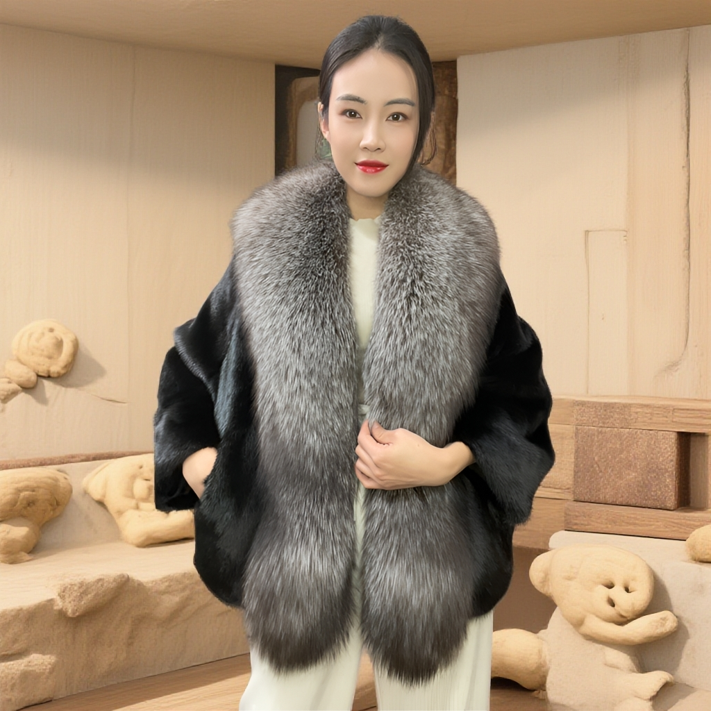 超大狐狸毛领蝙蝠袖披肩短款水貂皮草外套