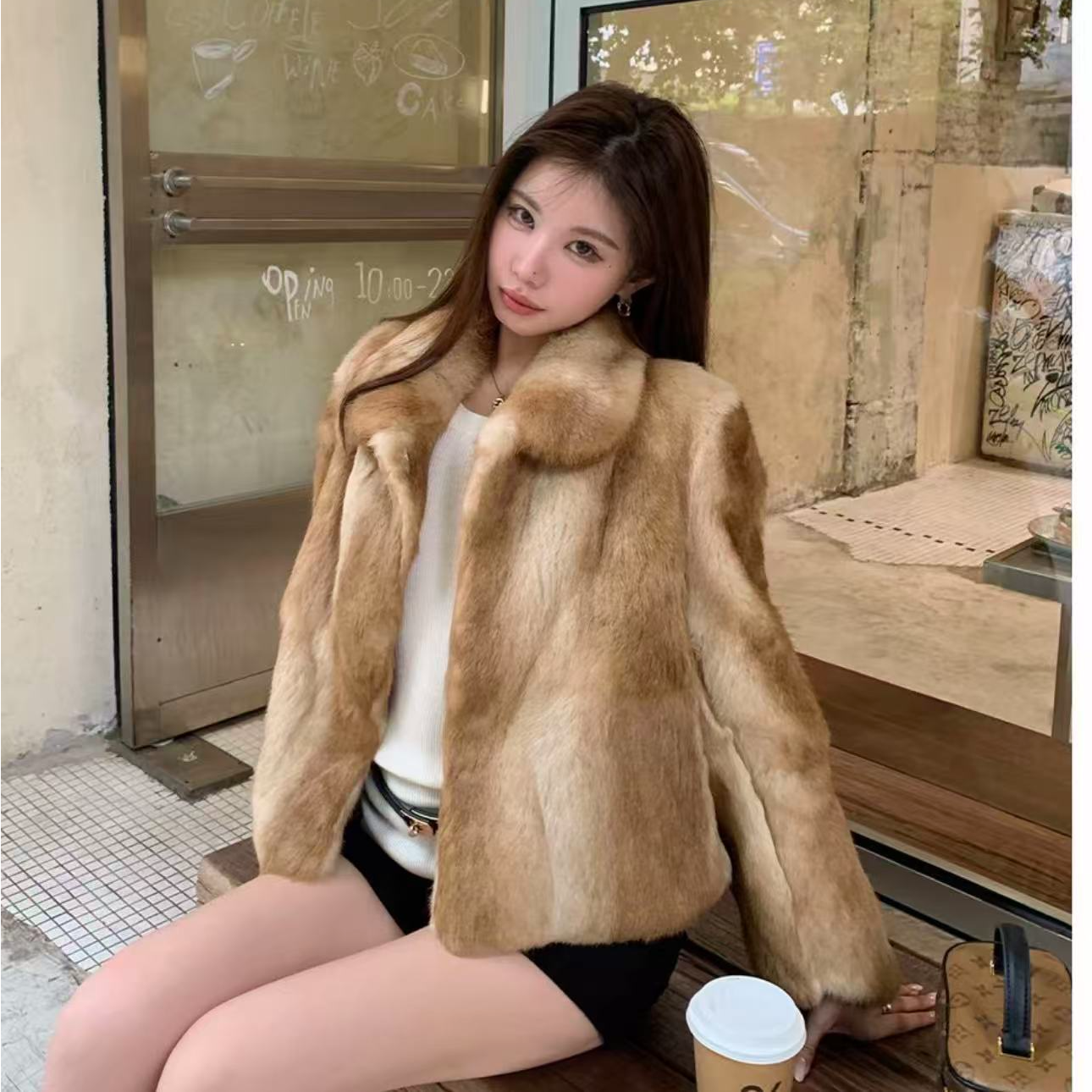 中古兔毛皮毛一体皮草翻领