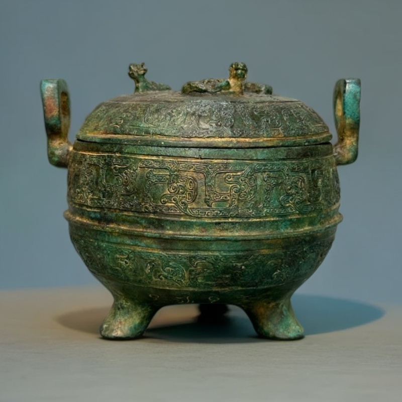 青铜云雷纹盖鼎家居装饰古玩摆件