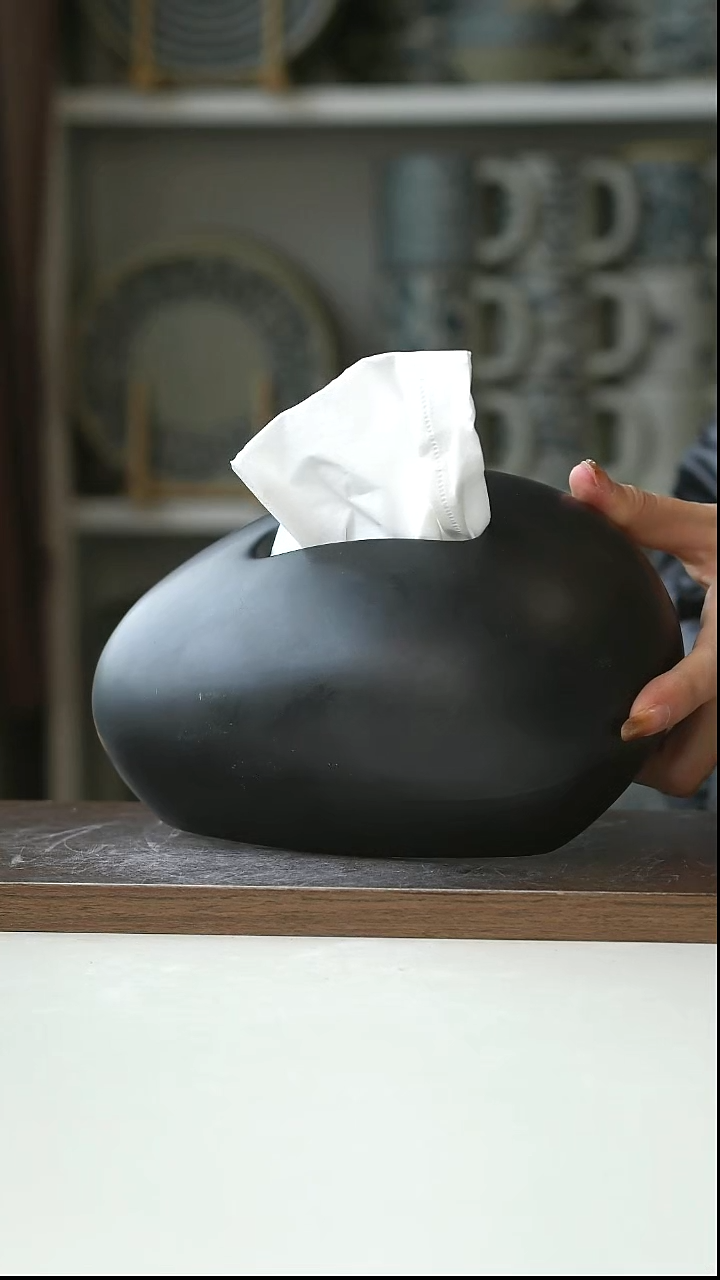 陶黑色亮面鹅卵石纸巾盒19cm@4-2@微瑕