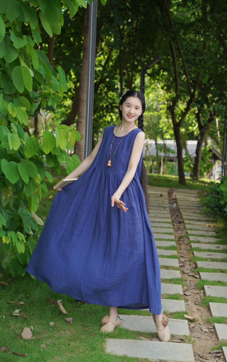 《蓝调》干洗亚麻背心裙/