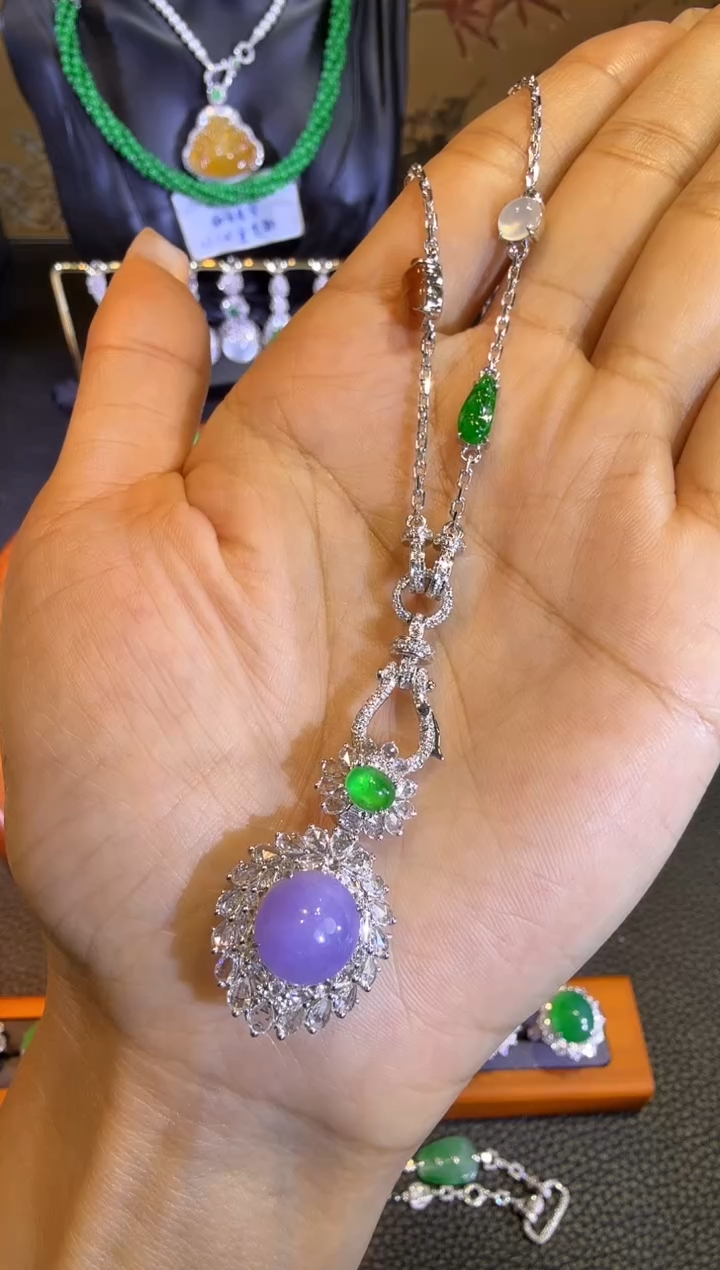 【闪购商品】翡翠项链18K金镶嵌精工重金版满紫马蹄扣万能链套装