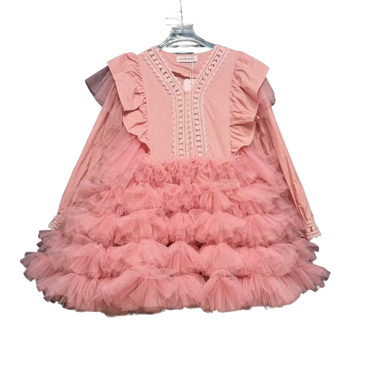 5865设计师款蕾丝花边V领衬衫女设计感荷叶边蓬蓬裙