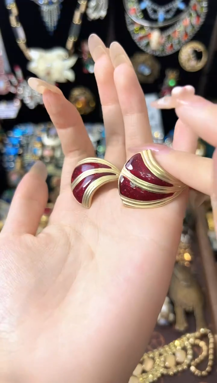 铁合金合成碳硅石珐琅红金配色耳夹