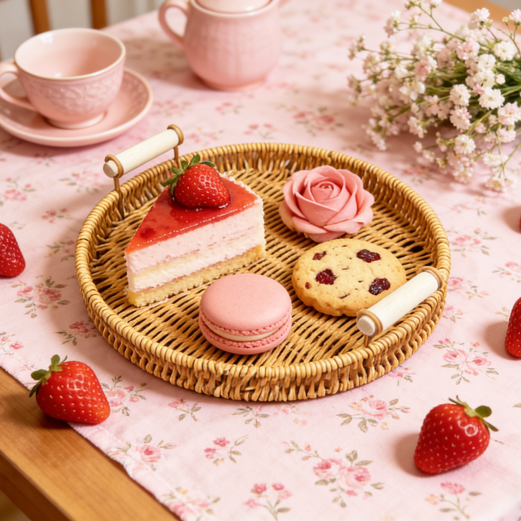 【凰图工艺】藤编手工圆形托盘篮子水果点心盘小家具家用高颜值家具