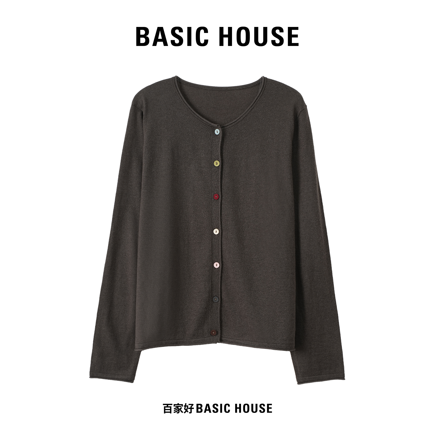 Basic House/百家好2025年秋季套头单排扣彩扣圆领针织衫P142 MM