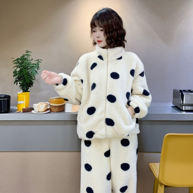 【瑜妹妹】韩版波点加厚-新立领保暖雪花绒加厚绒可外穿睡衣家居服