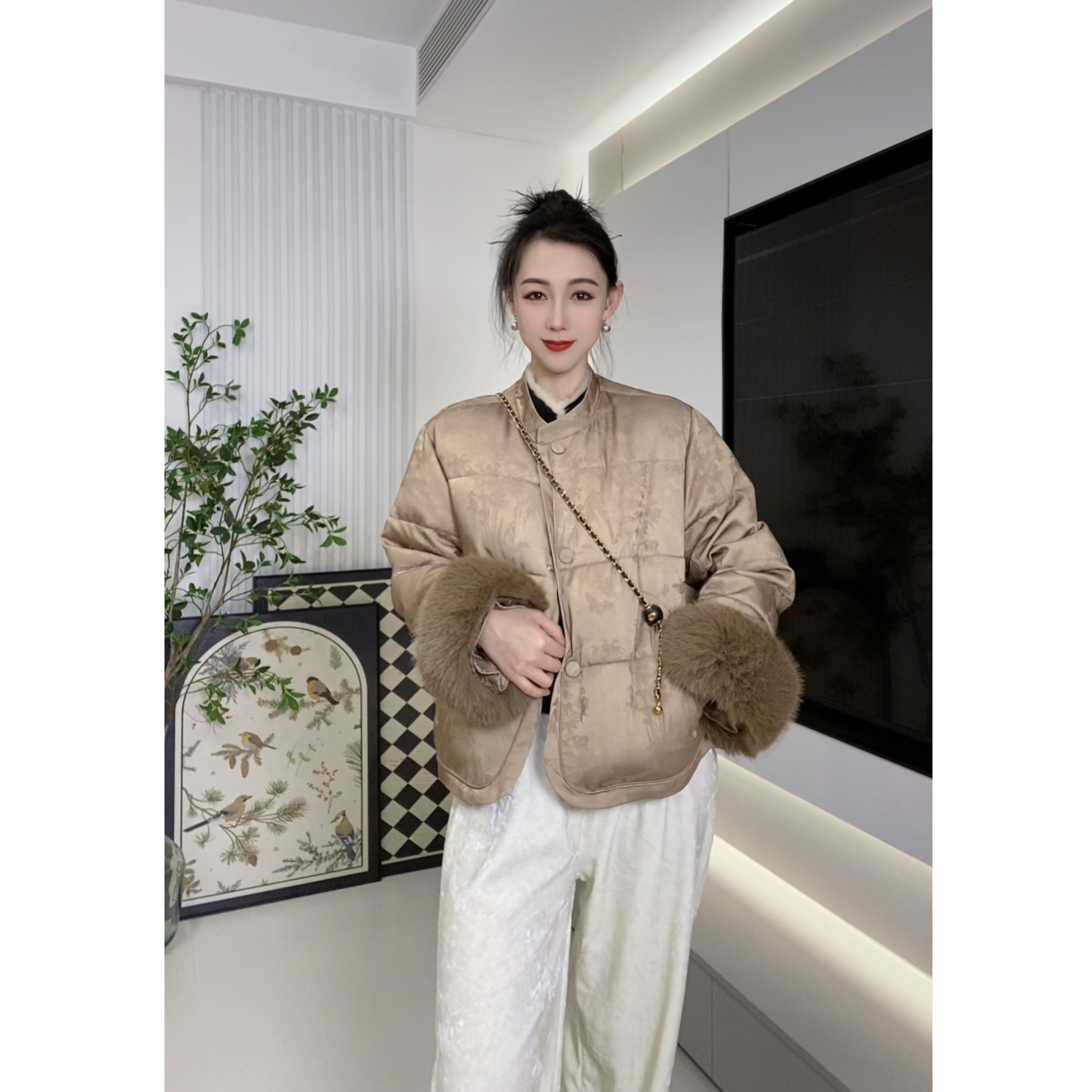 新中式时尚百搭冬款提花国风貂毛保暖外套