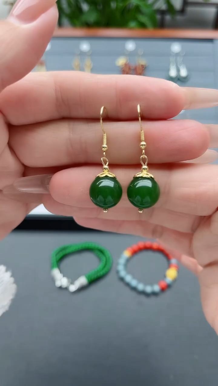 【闪购商品】玛瑙/玉髓耳饰银S925镀金镶嵌8011绿单珠