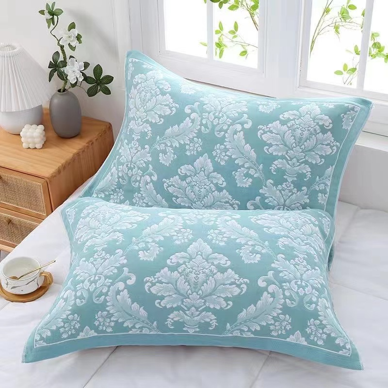 纯绵纱布枕巾--图腾花蓝52*78