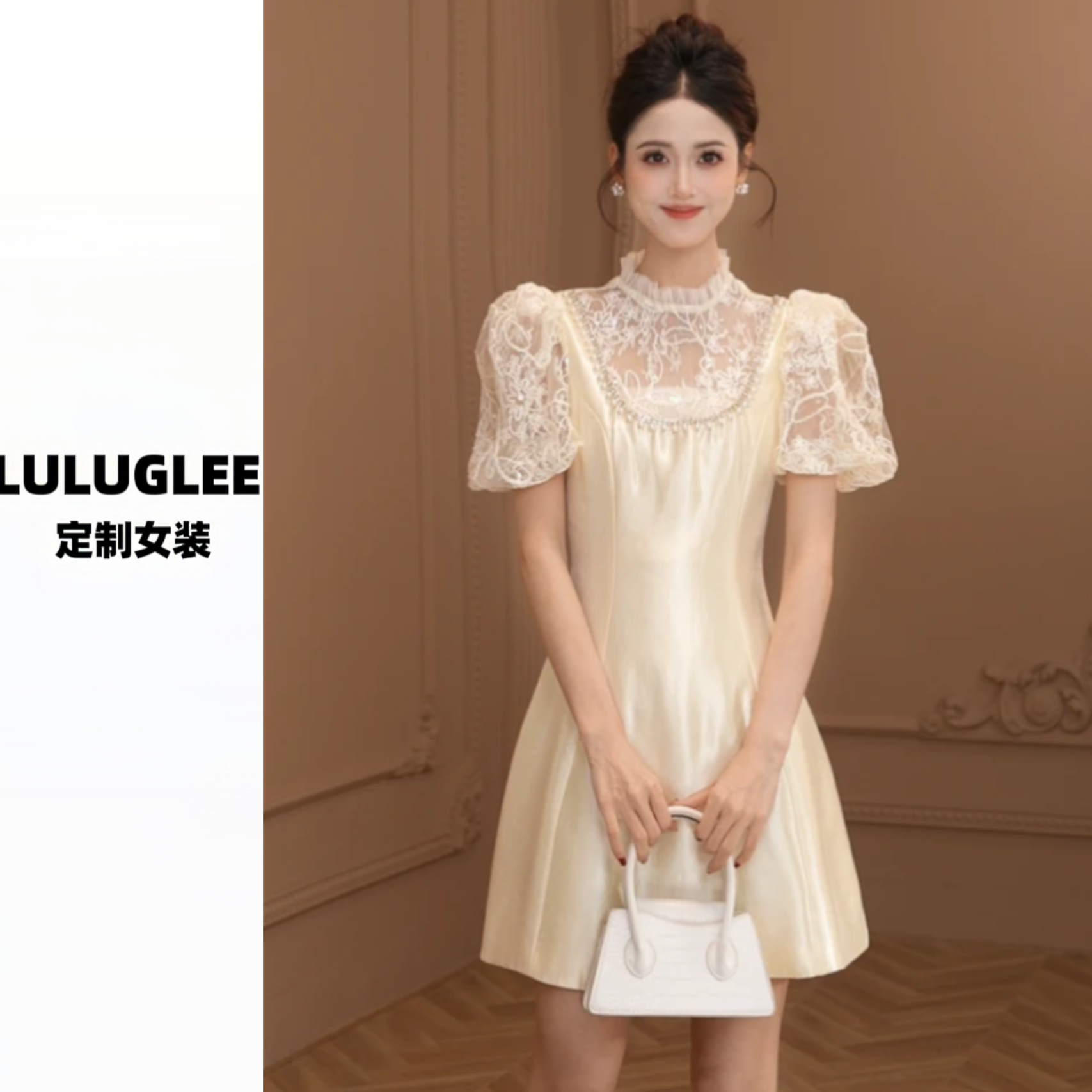 夏季新款女甜美气质蕾丝立领镶春日特惠 钻A字连衣裙