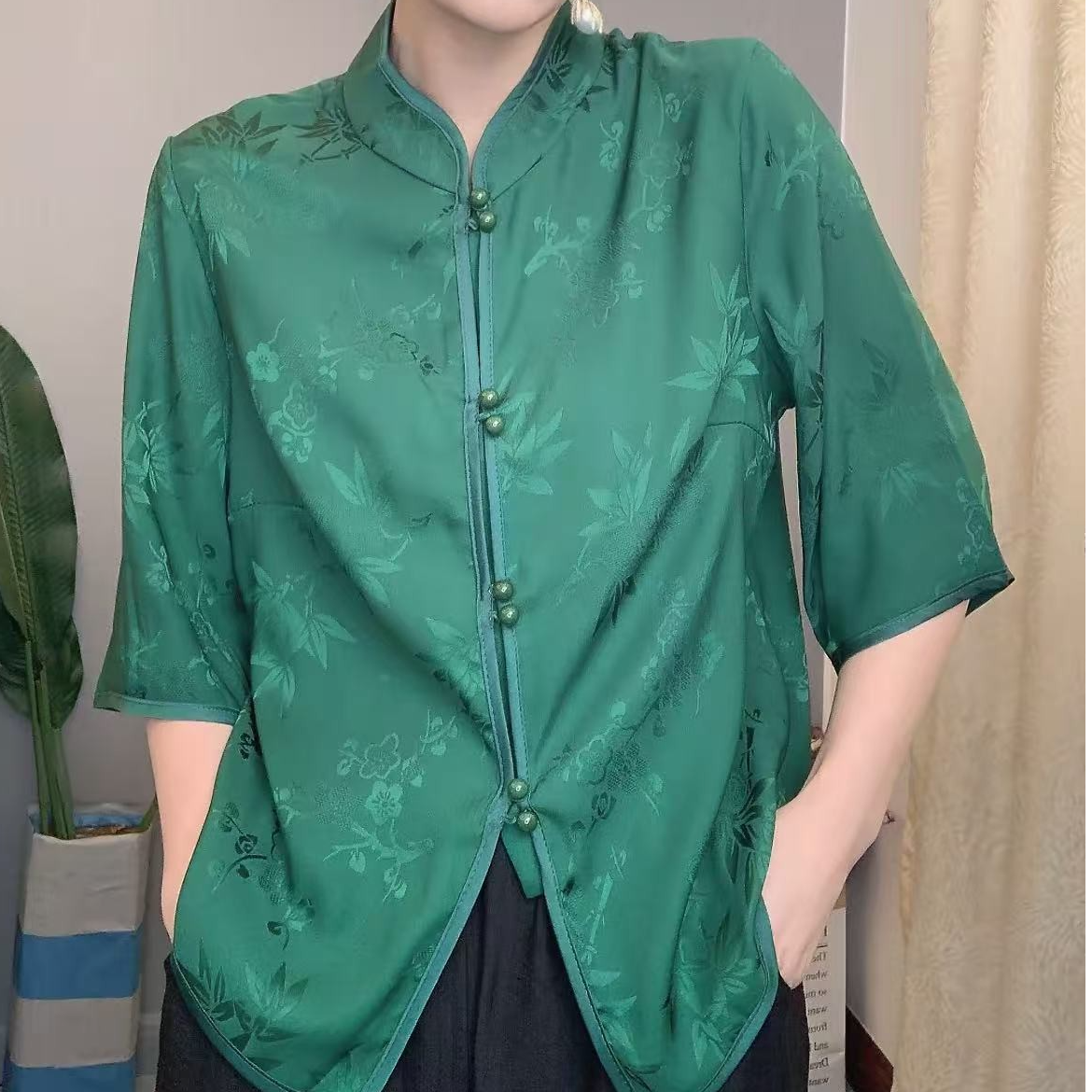 034国风立领开衫透气妈妈装上衣高贵新款洋气印花