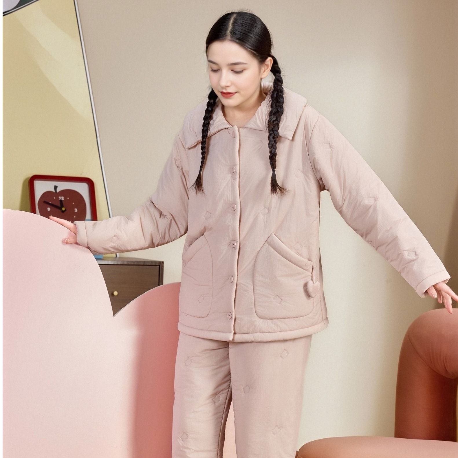 【软又暖】三层夹棉睡衣女加厚加绒珊瑚绒保暖可外穿大码防风家居服