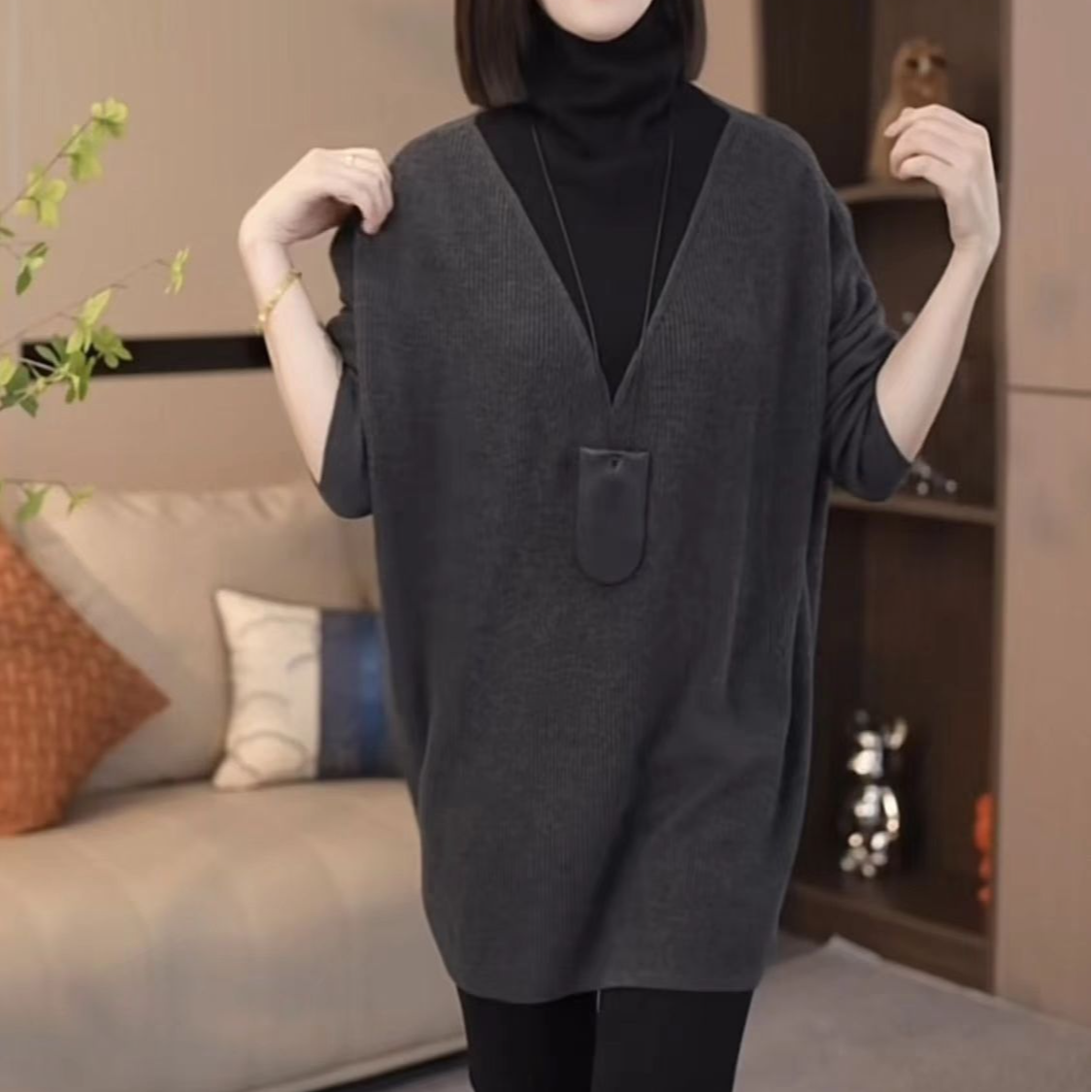 假两件2025早春时尚慵懒风气质针织套头毛衣羊绒显瘦宽松高领减龄