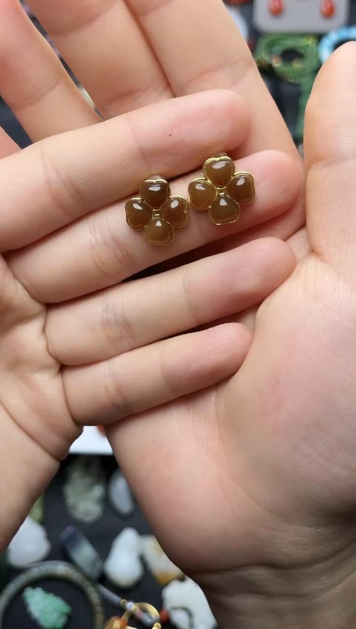 银S925镶嵌和田玉耳饰花花耳钉06