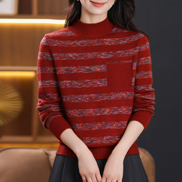 条纹羊毛针织衫套头女加厚保暖毛衣时尚百搭长袖冬季打底衫妈妈装