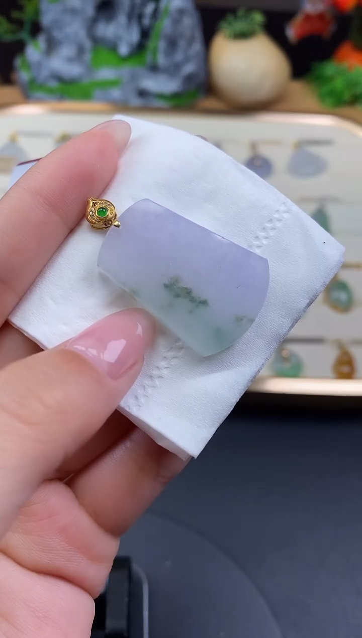 吊坠(不含链)18K金镶嵌翡翠无事牌18K金扣镶嵌@@CMT