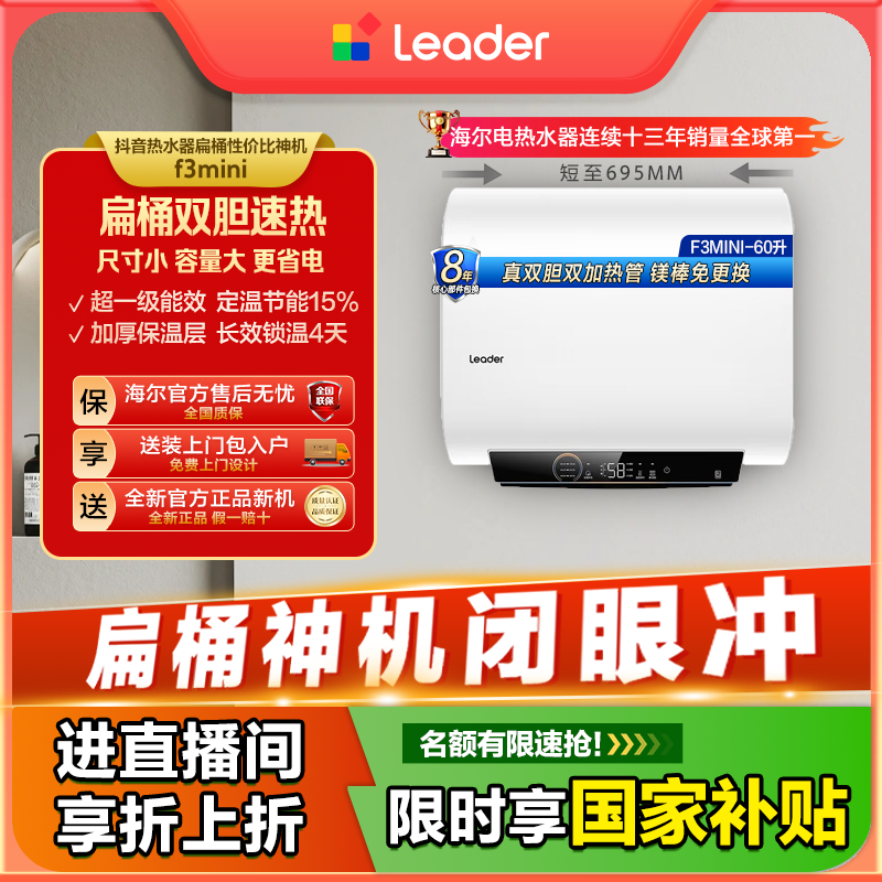  海尔出品统帅（Leader）双胆电热水器家用速热节能容量60L镁棒免换