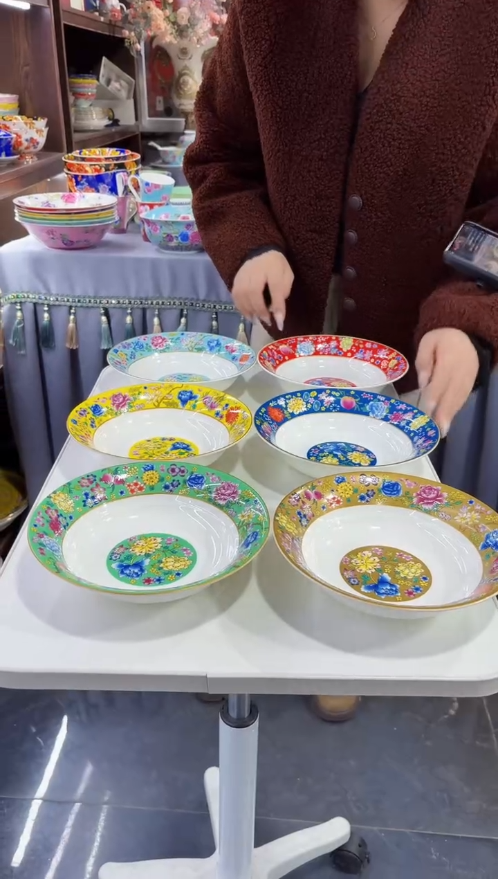 珐琅7.5英寸圆深盘6个景德镇陶瓷 